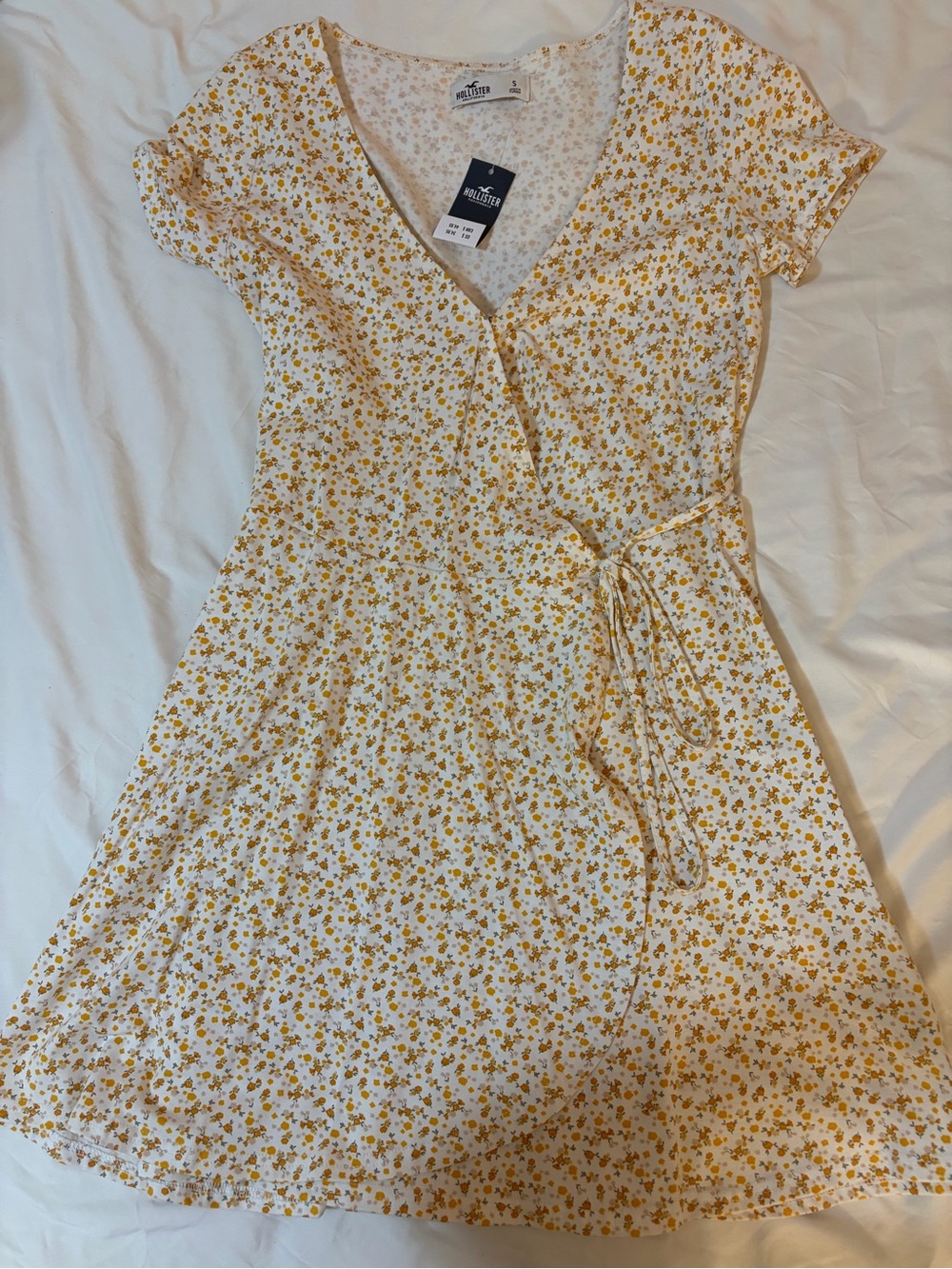 Hollister White Mini Wrap Dress with Yellow Floral Print